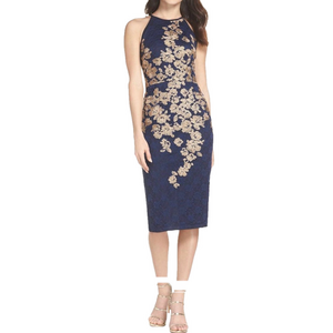 Xcape navy lace gold embroidered halter sheath formal dress Size 2 Party wedding